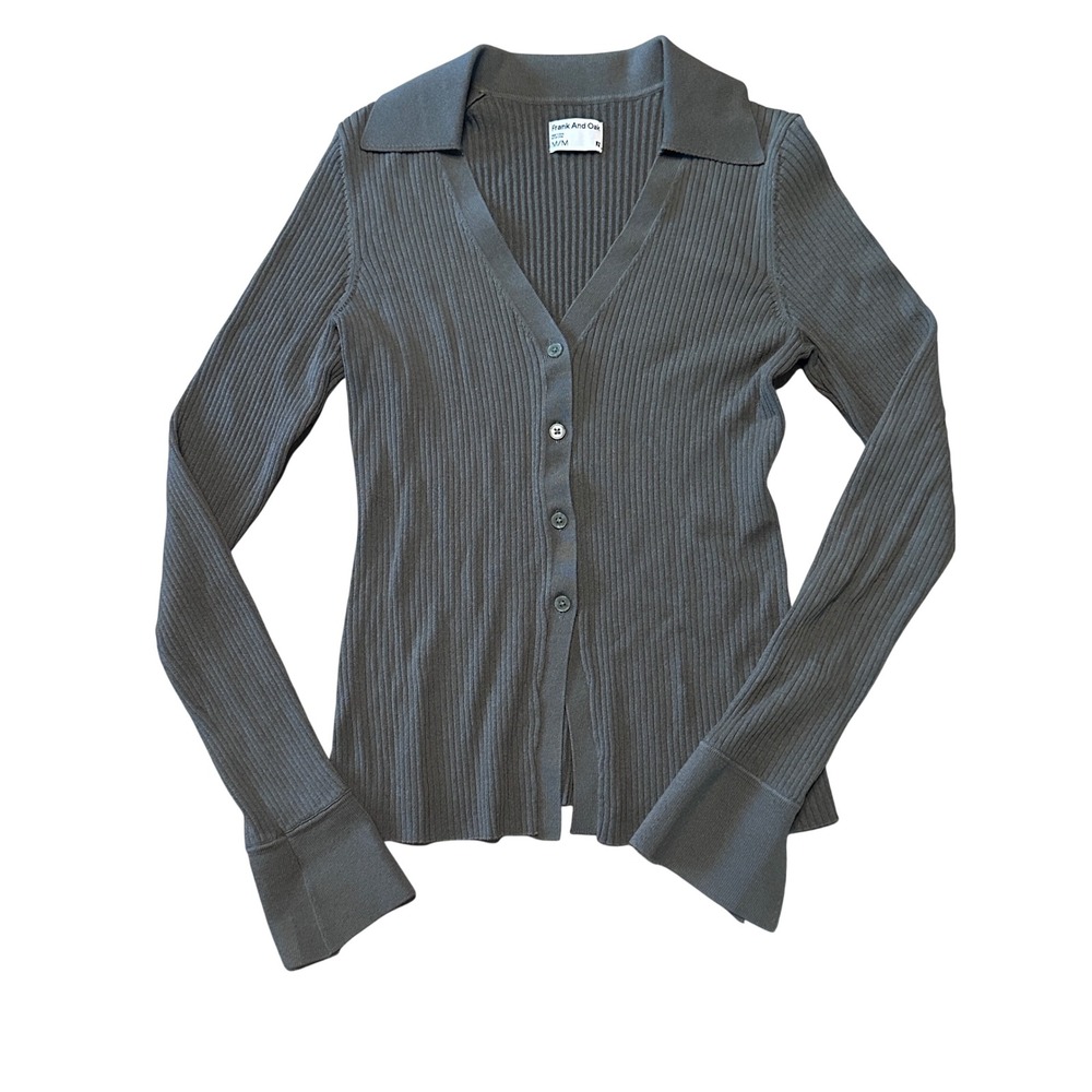 Frank And Oak Ribbed Knit Cardigan Polo Collar Split Cuff Olive Green Medium
